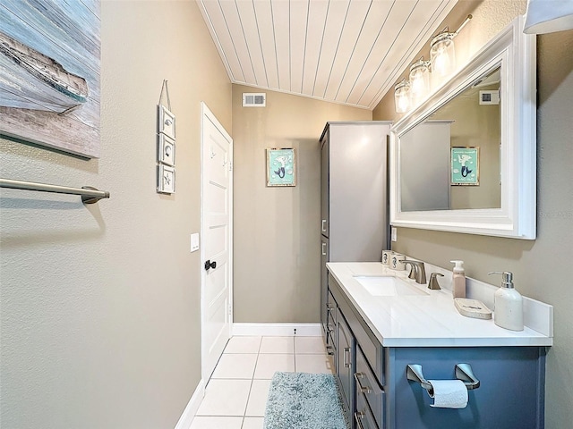 bathroom featuring tile patterned flooring, vanity, wood ceiling, and ornamental molding