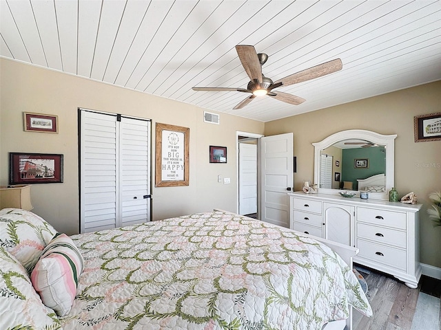 bedroom with wood-type flooring, wooden ceiling, ceiling fan, and a closet