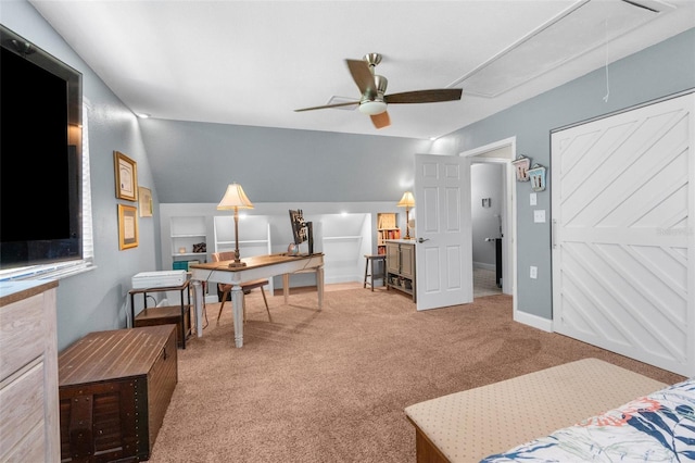 bedroom with ceiling fan and carpet flooring