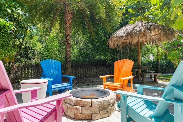 view of patio / terrace featuring a fire pit