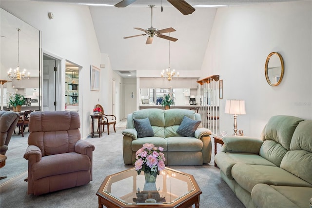 living room featuring carpet flooring, ceiling fan with notable chandelier, and high vaulted ceiling