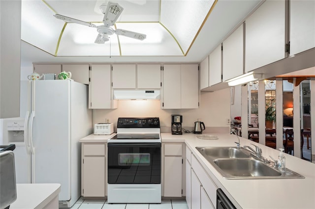 kitchen featuring white cabinetry, white appliances, light tile patterned floors, ceiling fan, and sink