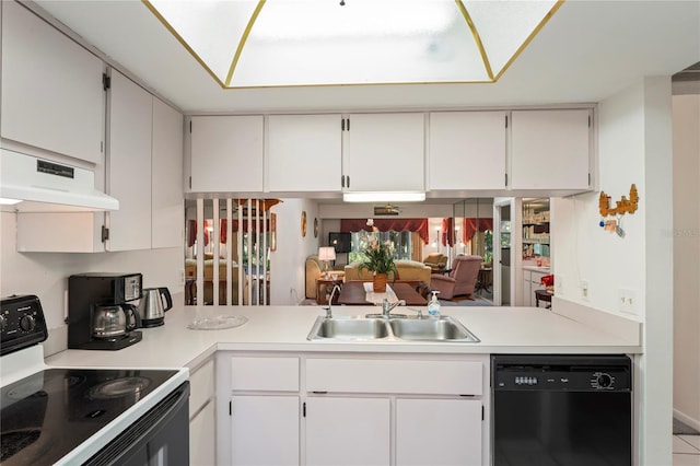 kitchen with electric range oven, black dishwasher, sink, white cabinets, and kitchen peninsula