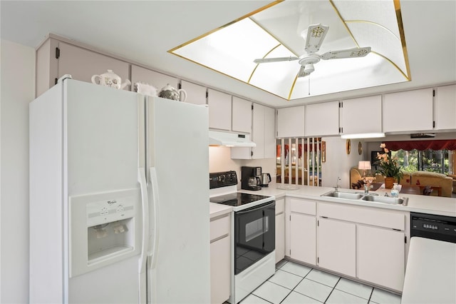 kitchen featuring white cabinetry, sink, white appliances, and ceiling fan