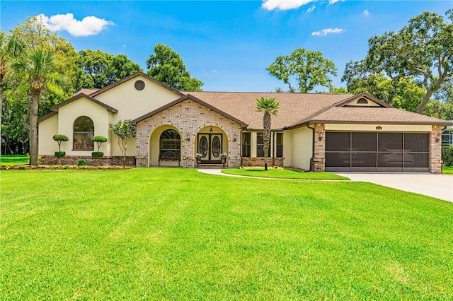 view of front of property featuring a garage and a front yard