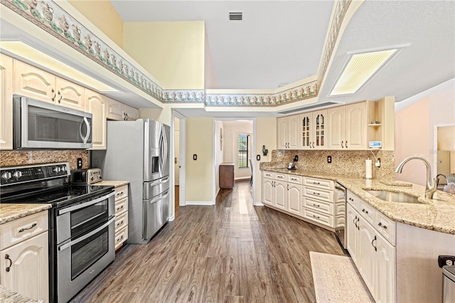 kitchen with decorative backsplash, appliances with stainless steel finishes, light stone counters, sink, and dark hardwood / wood-style floors