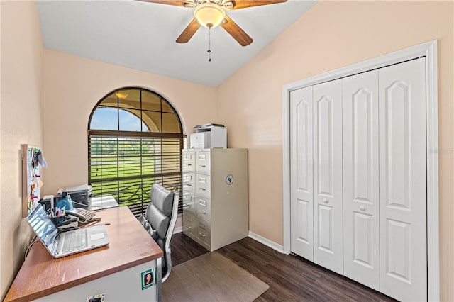 office area with dark hardwood / wood-style floors, ceiling fan, and vaulted ceiling