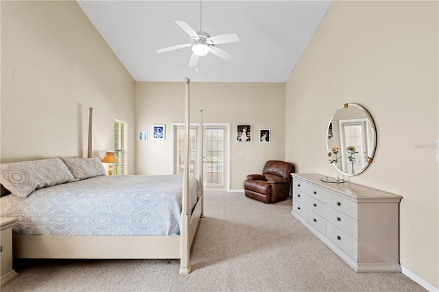 carpeted bedroom featuring access to exterior, high vaulted ceiling, and ceiling fan