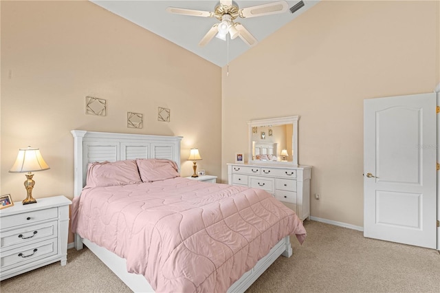 carpeted bedroom featuring high vaulted ceiling and ceiling fan