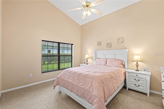 bedroom featuring light colored carpet, high vaulted ceiling, and ceiling fan