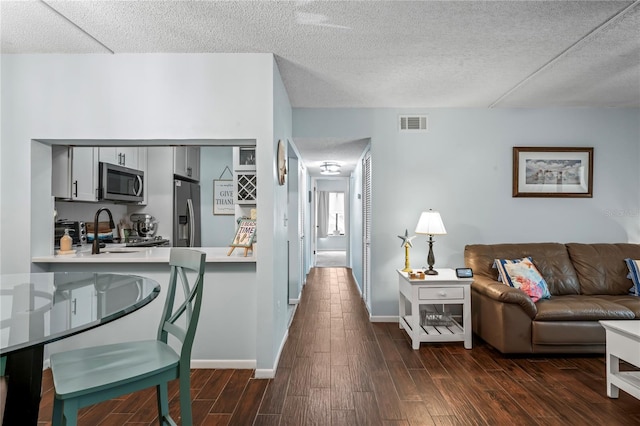 kitchen with appliances with stainless steel finishes, dark hardwood / wood-style flooring, a textured ceiling, and sink