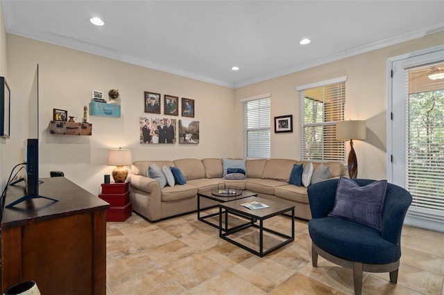 living room with crown molding