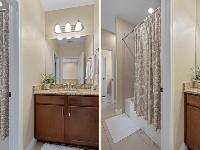 bathroom with tile patterned floors, shower / tub combo with curtain, and vanity