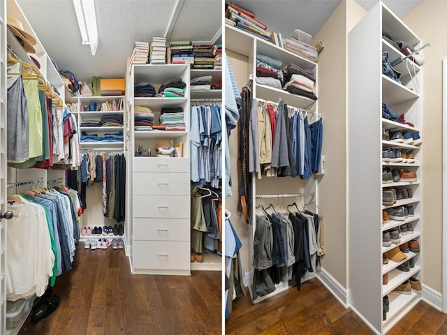 walk in closet featuring dark wood-type flooring