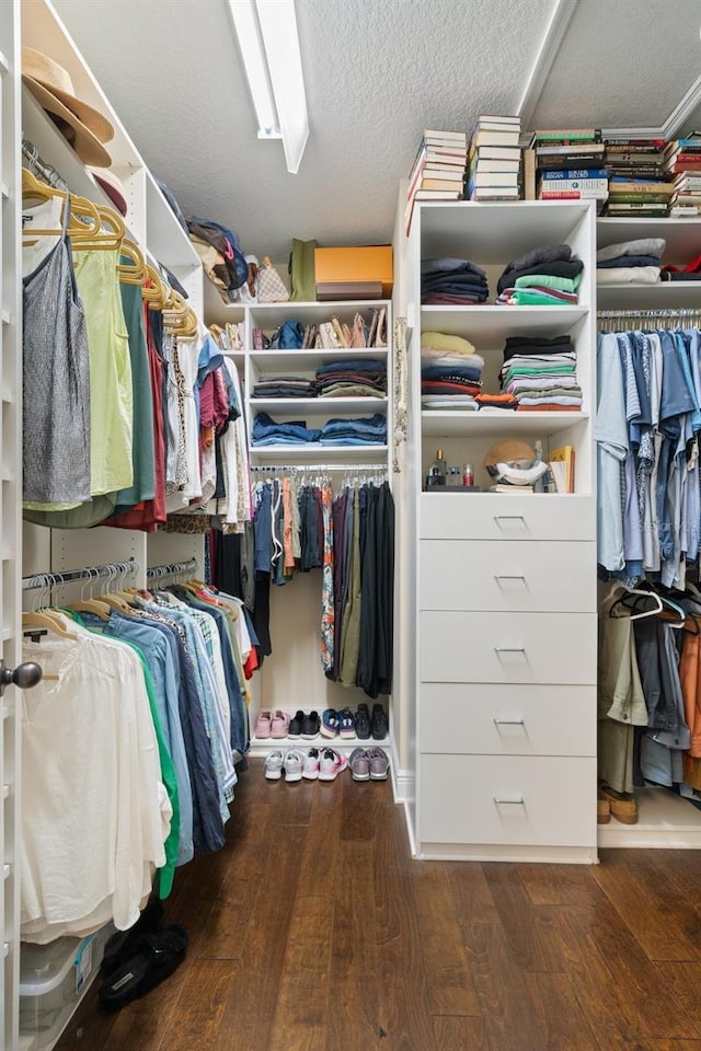 walk in closet with dark wood-type flooring