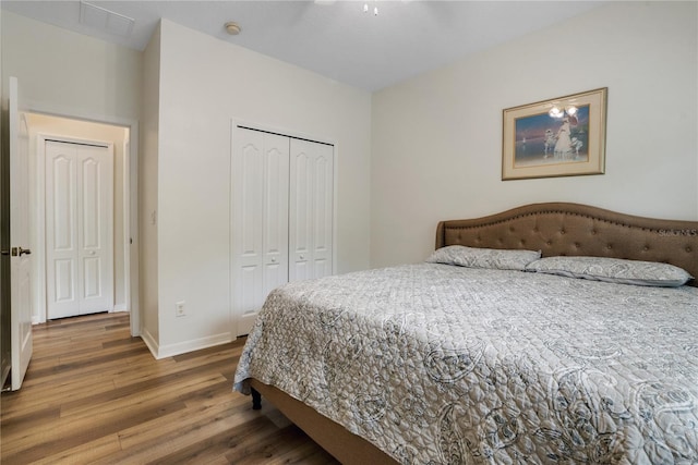 bedroom with wood-type flooring and a closet