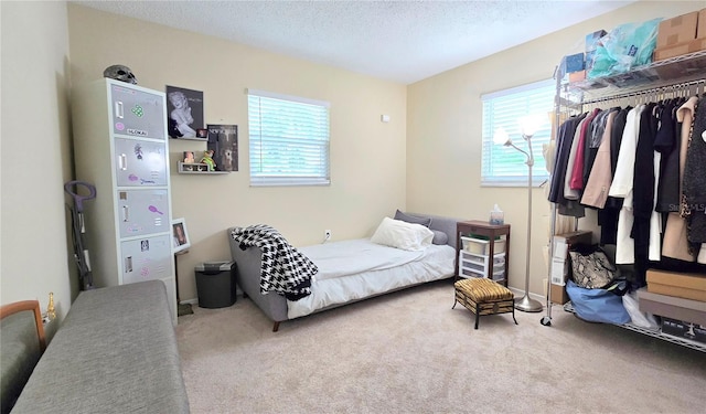 bedroom with carpet floors, multiple windows, and a textured ceiling