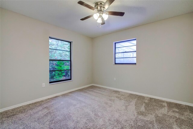 carpeted spare room with a wealth of natural light and ceiling fan