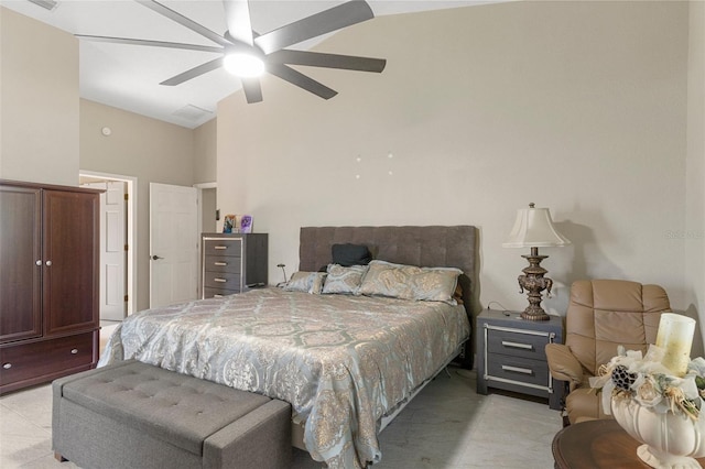 6096 Kinlock Ave, Spring Hill, FL 34608 - bedroom with visible vents, a ceiling fan, high vaulted ceiling, and light carpet