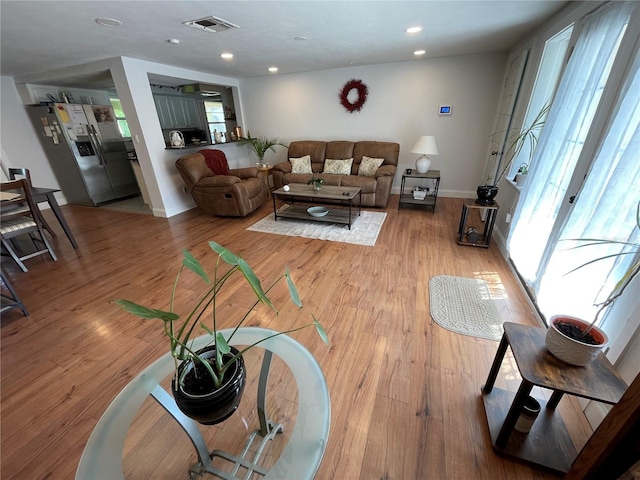 living room featuring light wood-type flooring and a wealth of natural light