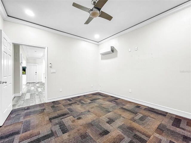 spare room with crown molding, ceiling fan, and a wall unit AC