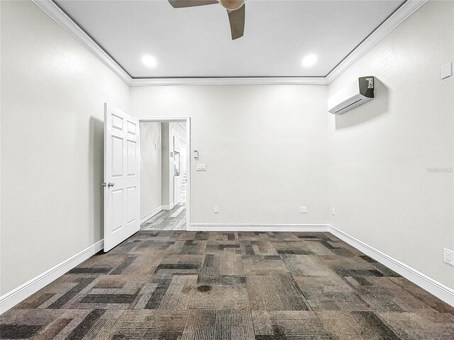 empty room with ceiling fan, dark carpet, ornamental molding, and a wall mounted AC