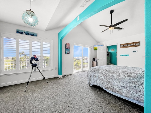 bedroom with ceiling fan, lofted ceiling, carpet, and access to outside