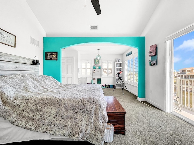 bedroom featuring lofted ceiling, access to exterior, ceiling fan, and carpet flooring