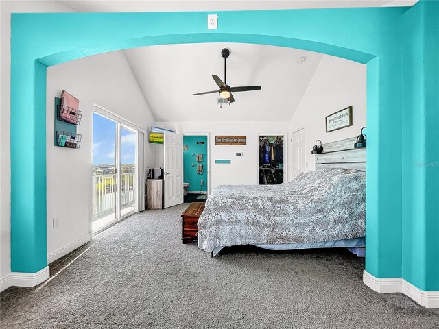 carpeted bedroom featuring lofted ceiling, a spacious closet, a closet, ceiling fan, and access to exterior