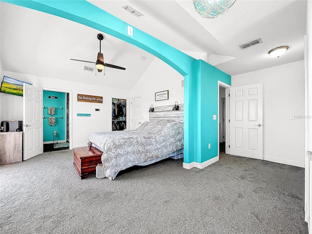 bedroom featuring lofted ceiling, carpet floors, ceiling fan, and a closet