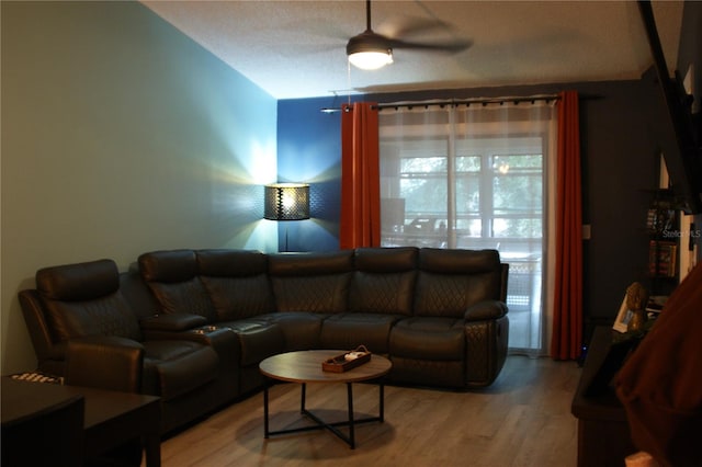 living room with ceiling fan and light wood-type flooring