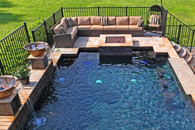 view of pool featuring a water view, a yard, and an outdoor hangout area