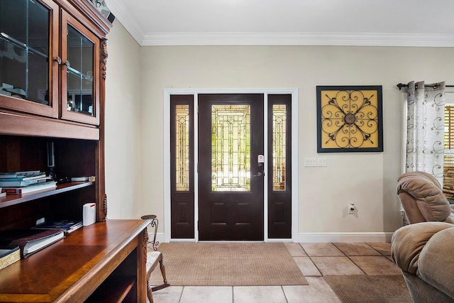 tiled entryway with crown molding