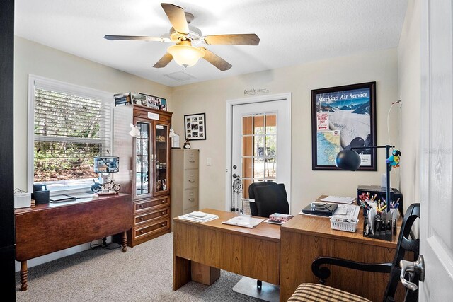 carpeted office space featuring ceiling fan