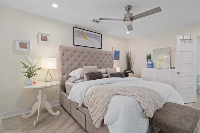 bedroom featuring visible vents, a ceiling fan, recessed lighting, light wood-style floors, and baseboards