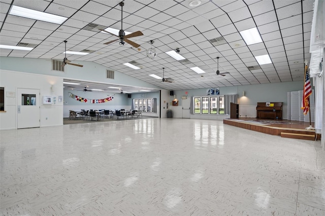 garage with visible vents and a ceiling fan