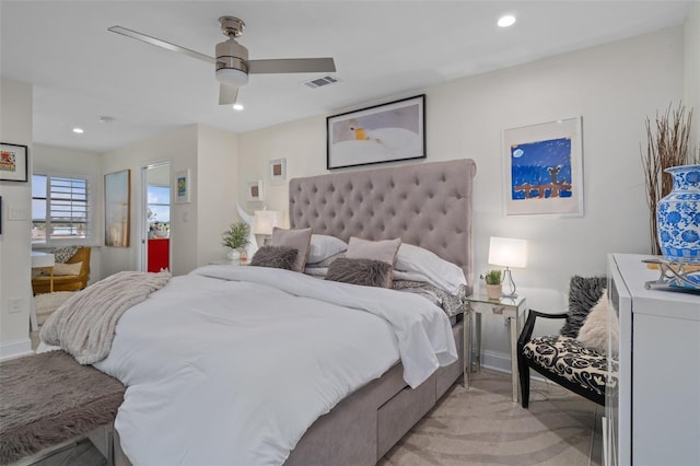 bedroom featuring visible vents, baseboards, light colored carpet, recessed lighting, and a ceiling fan