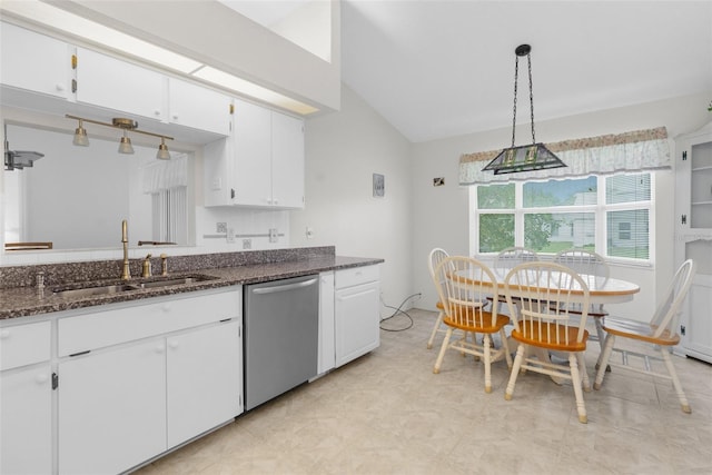 kitchen featuring dark stone counters, white cabinets, sink, and stainless steel dishwasher