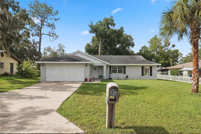 single story home featuring a garage and a front yard