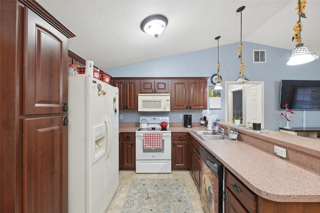 kitchen with white appliances, light tile patterned floors, hanging light fixtures, vaulted ceiling, and sink