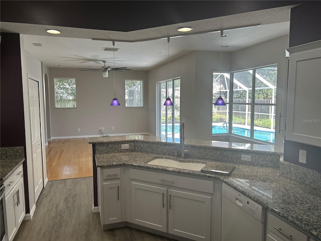 kitchen with white cabinetry, wood-type flooring, ceiling fan, sink, and white dishwasher