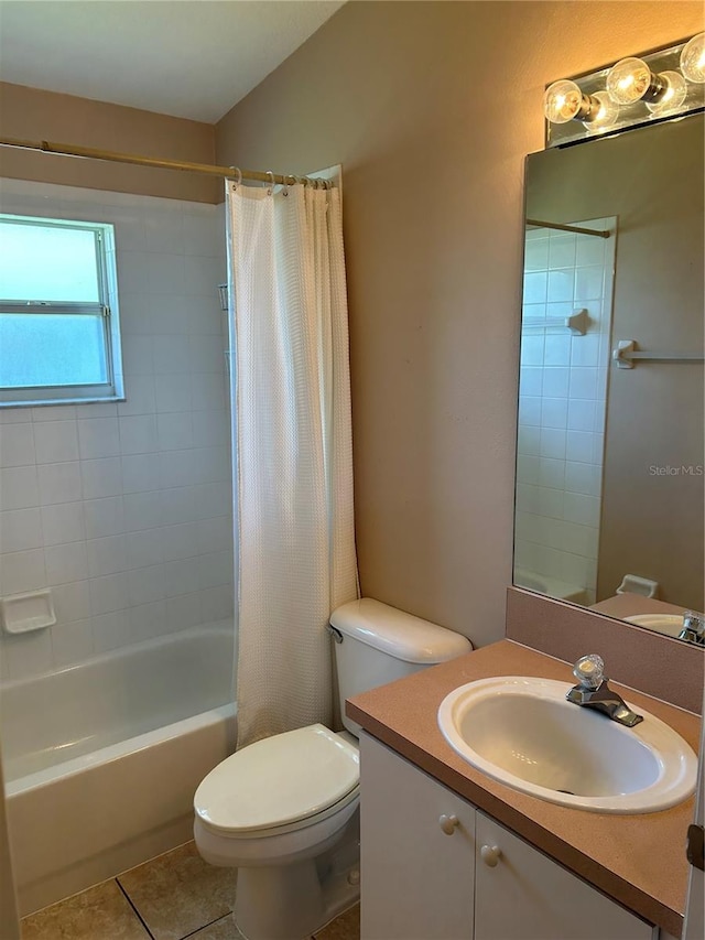 full bathroom with vanity, tile patterned flooring, toilet, and shower / bath combination with curtain