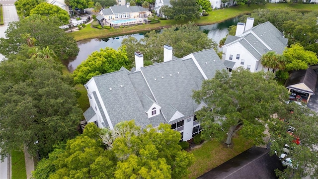 drone / aerial view featuring a water view