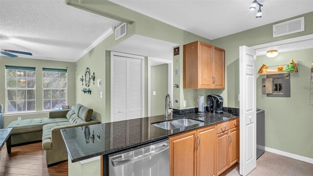 kitchen with sink, stainless steel dishwasher, light wood-type flooring, electric panel, and ceiling fan