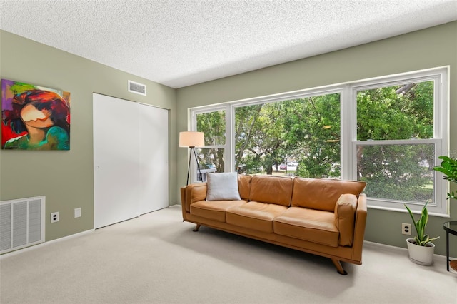 carpeted living room featuring a textured ceiling