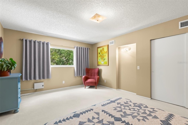 living area with a textured ceiling and carpet