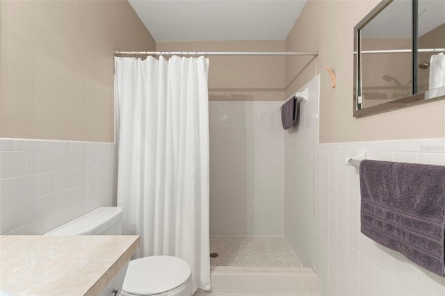 bathroom with tile walls and a shower with curtain