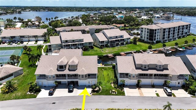 drone / aerial view featuring a water view