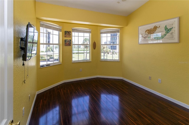 spare room featuring vaulted ceiling and dark wood-type flooring