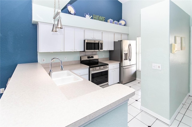 kitchen with sink, light tile patterned floors, stainless steel appliances, high vaulted ceiling, and white cabinets